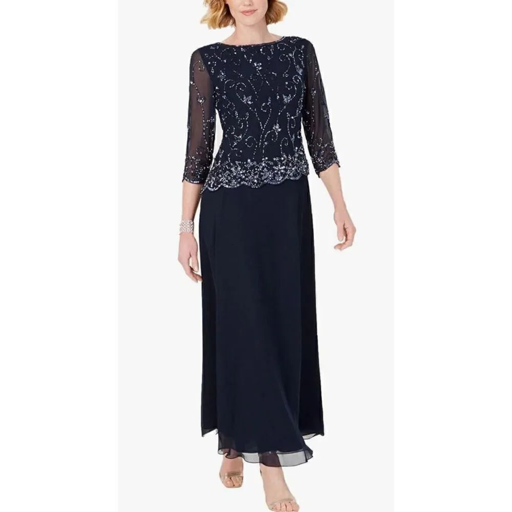 J Kara Women's Petite Beaded Scallop Bodice Asymmetrical Gown